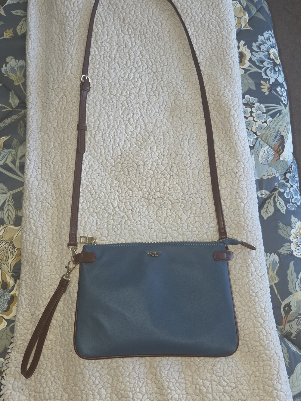 Osprey London Blue Crossbody Wristlet with Brown Trim and Strap